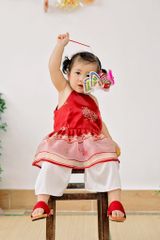 SET Áo yếm xòe organza Hoa Niên Ca BÉ - Đỏ