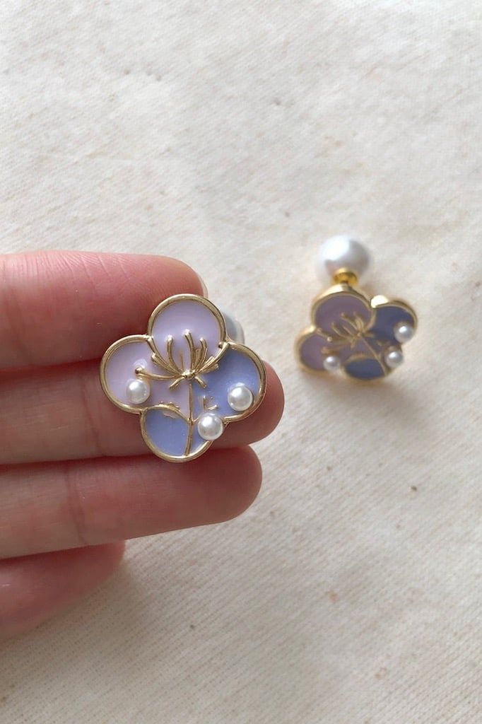 Hoa tai D1906 Hoa 4 cánh tím chui hạt ngọc