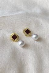 Hoa tai D1911 Đá nâu vuông phối hạt ngọc bầu dục