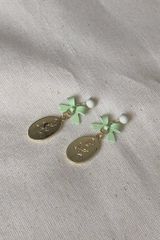 Hoa tai D2008 Hoa tai nơ xanh cốm phối miếng bầu dục