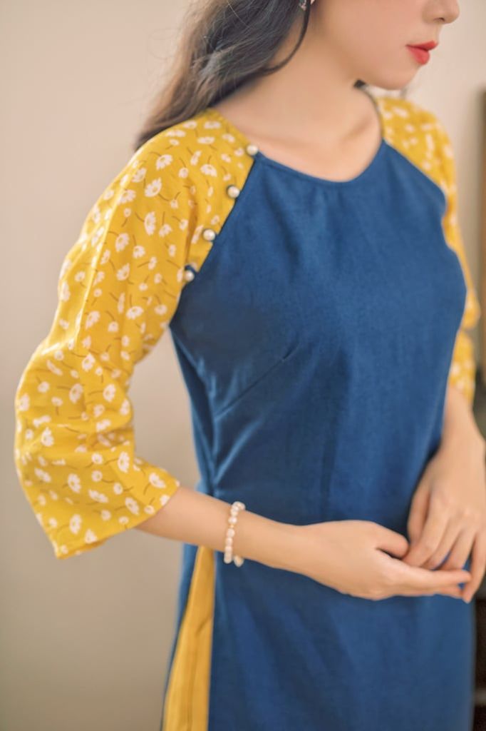 Áo dài linen Xuân Dương cổ tròn