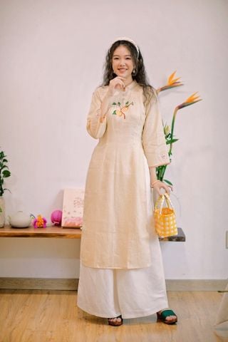 Áo dài linen Thêu tay Đào Hoa