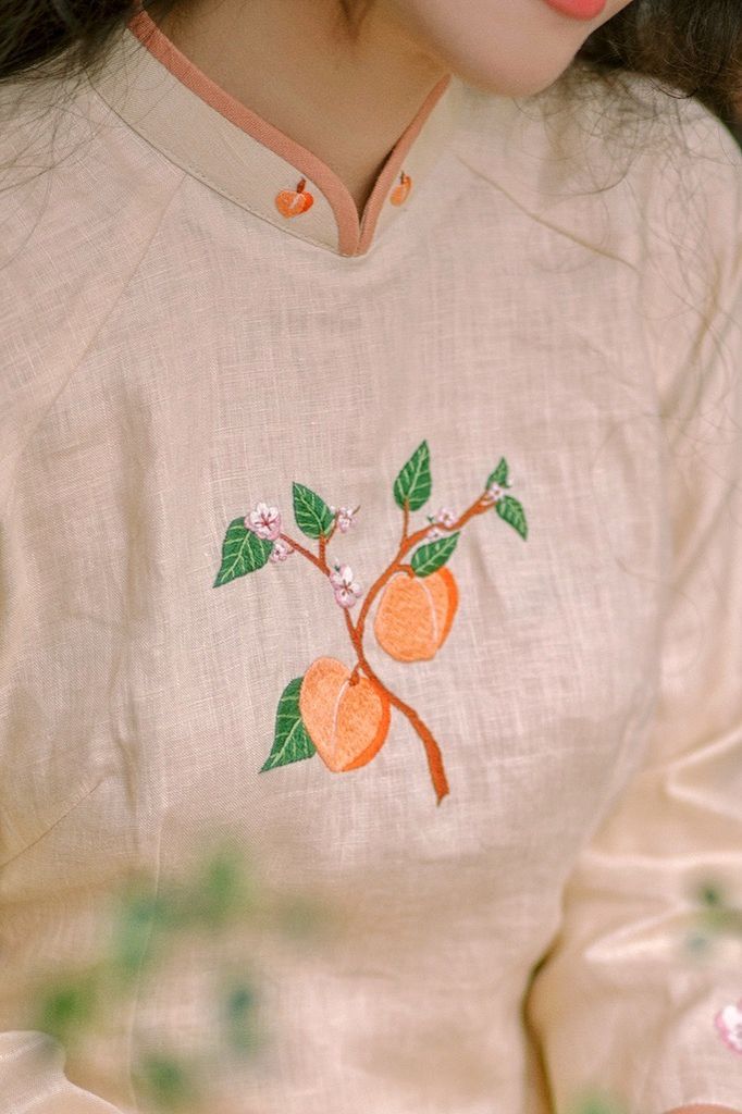 Áo dài linen Thêu tay Đào Hoa