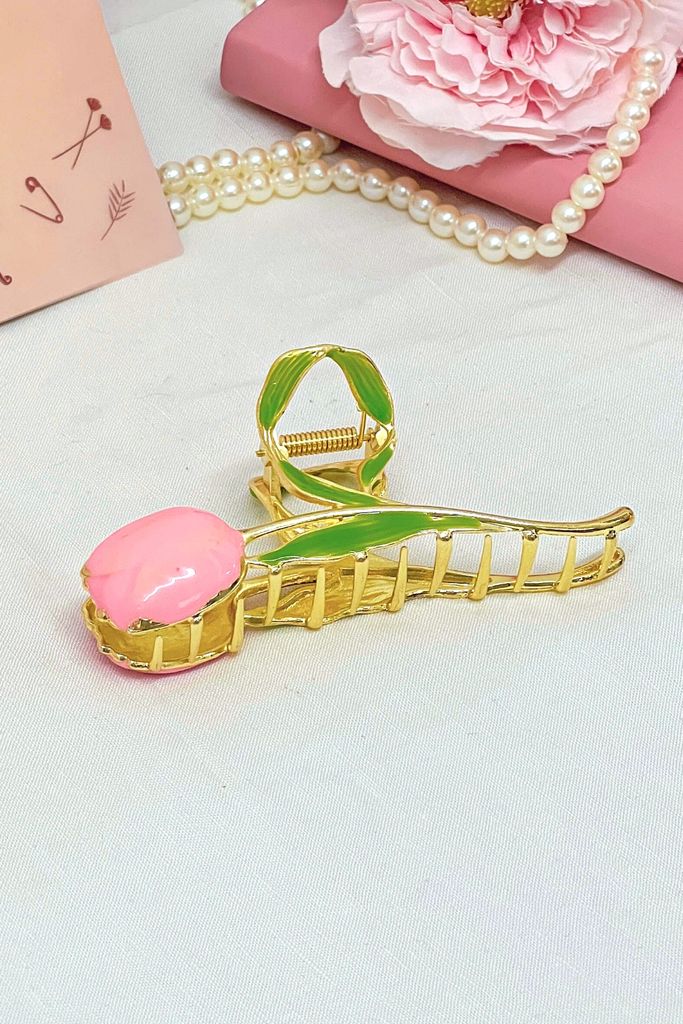 Kẹp tóc KE-009 kim loại cành hoa tulip Hà Lan hồng