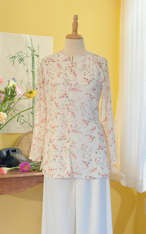 Áo bà ba Cách tân Út Ráng - Kem hoa hồng nhỏ