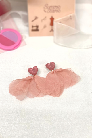 Hoa tai NK-078 trái tim hồng đính ruy băng vải cam