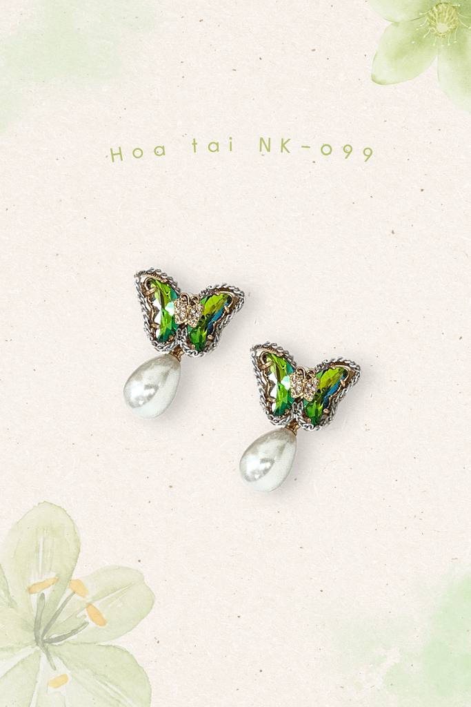 Hoa tai NK-099 bướm xanh lá đính hạt ngọc giọt nước