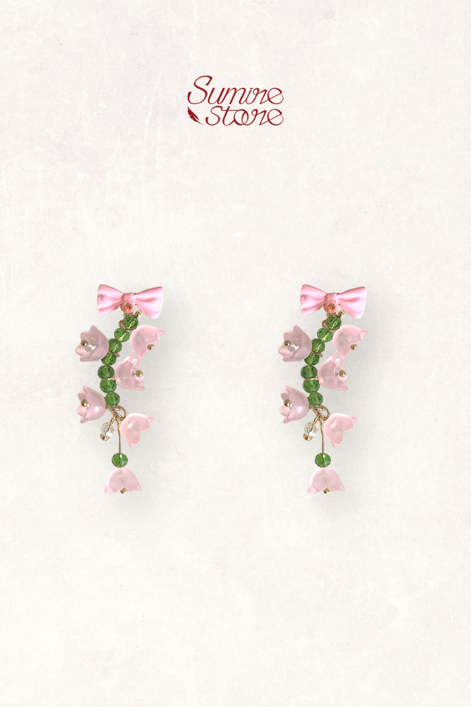 Hoa tai NK-018 hồng chuỗi hoa chuông đính nơ