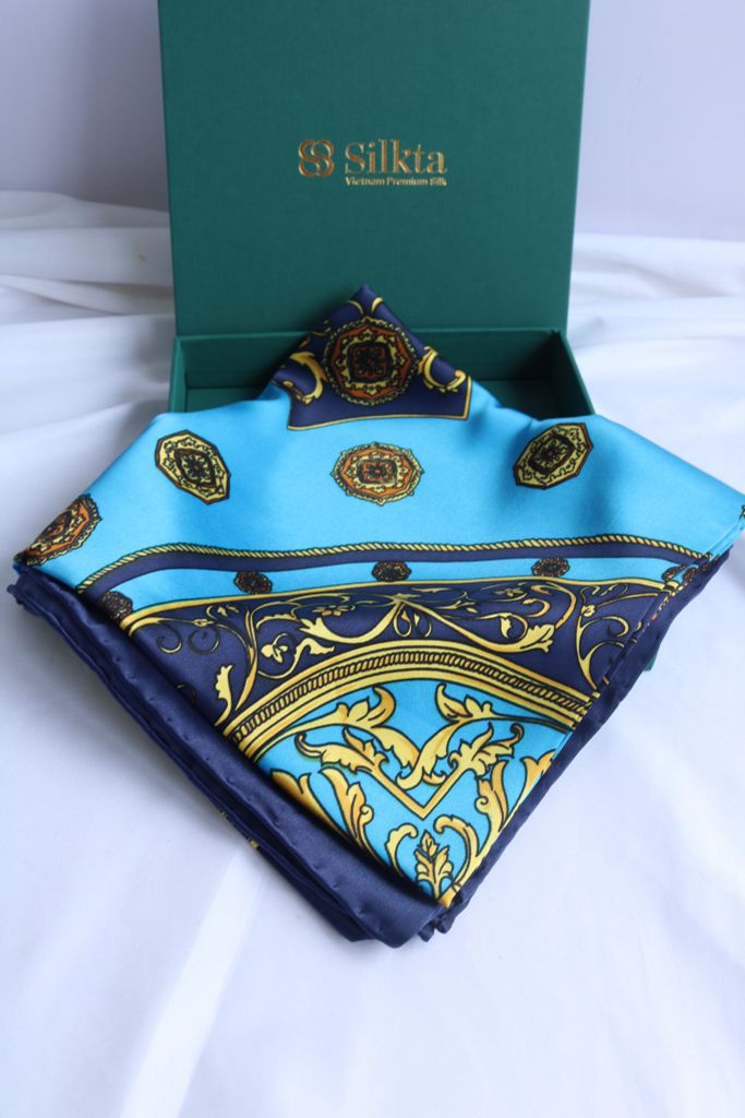 Khăn lụa tơ tằm tự nhiên Việt Nam Màu Xanh Blue 90*90cm
