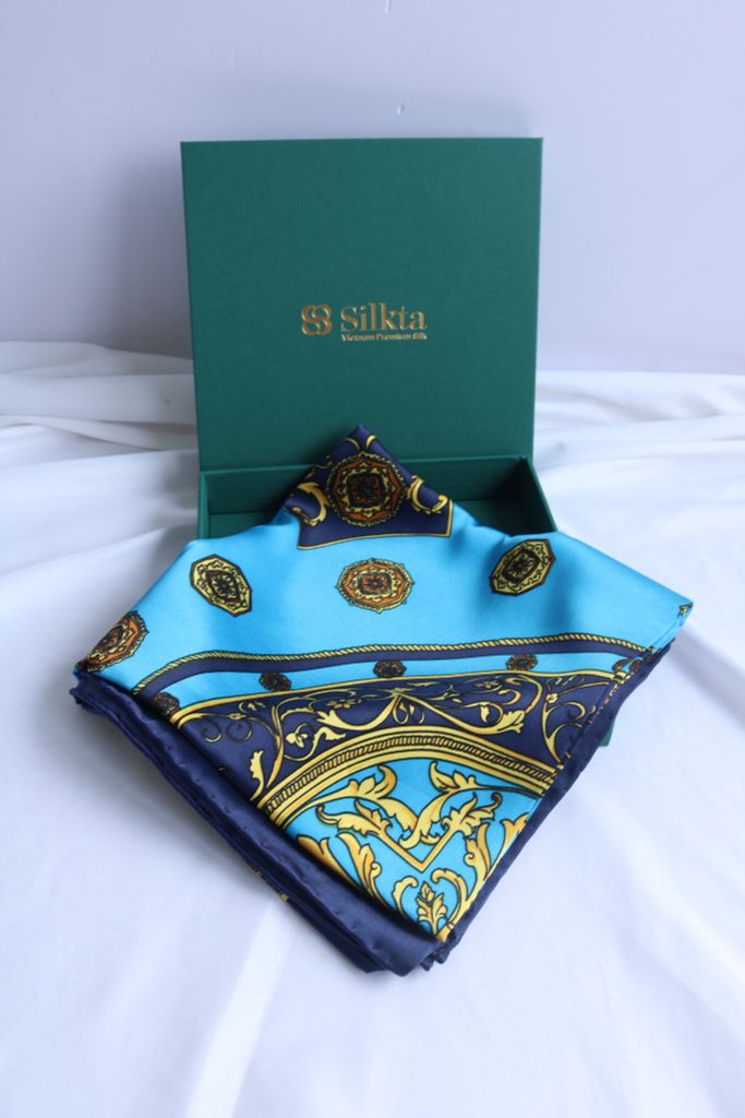 Khăn lụa tơ tằm tự nhiên Việt Nam Màu Xanh Blue 90*90cm