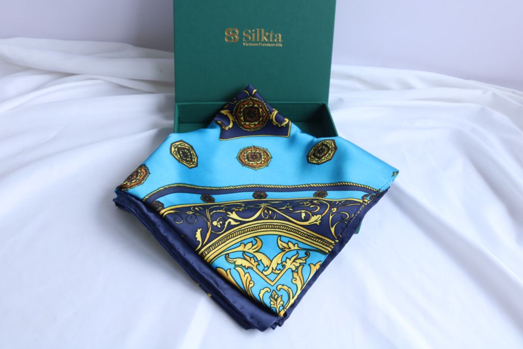 Khăn lụa tơ tằm tự nhiên Việt Nam Màu Xanh Blue 90*90cm