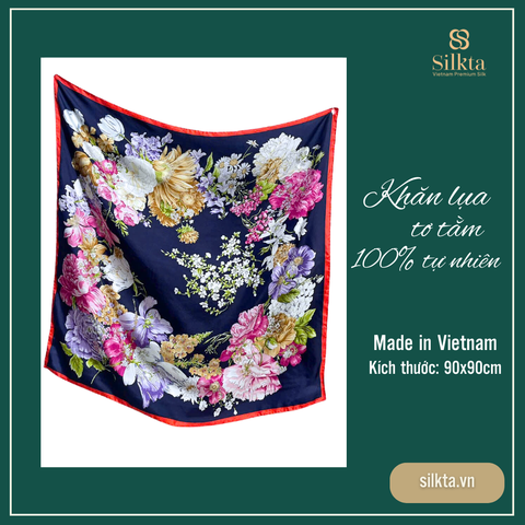 Khăn lụa tơ tằm tự nhiên Việt Nam Cẩm tú xuân hoa - 90*90cm