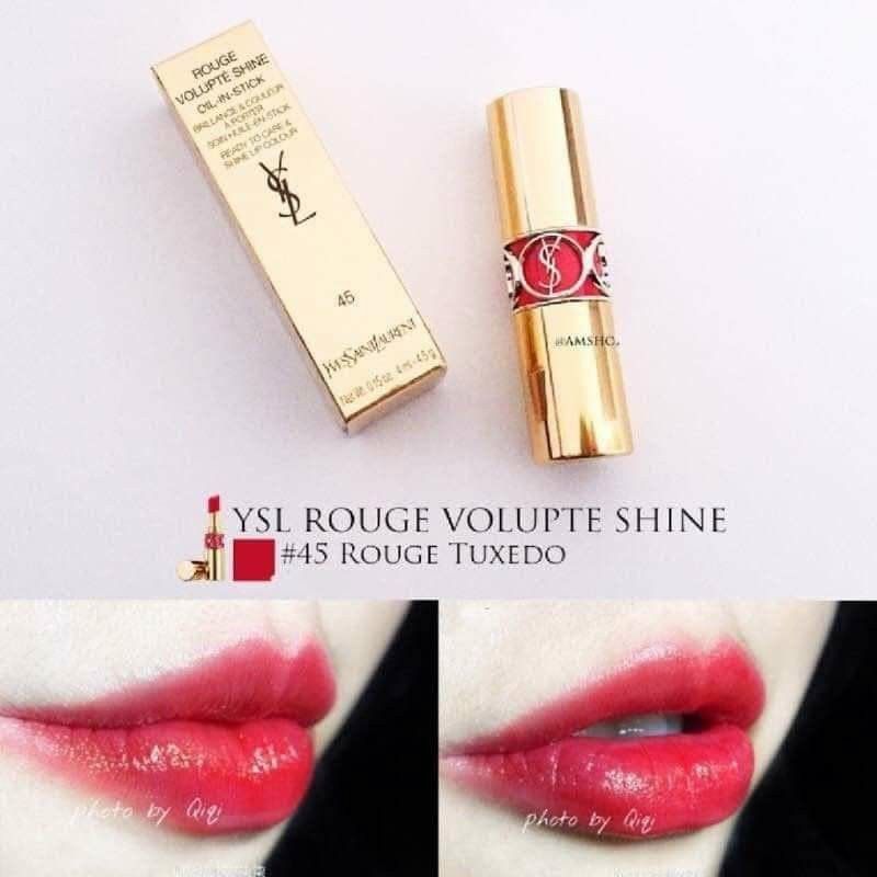 Son YSL Rouge Volupté Shine mini 45 Rouge Tuxedo - Màu đỏ hồng kiêu sa