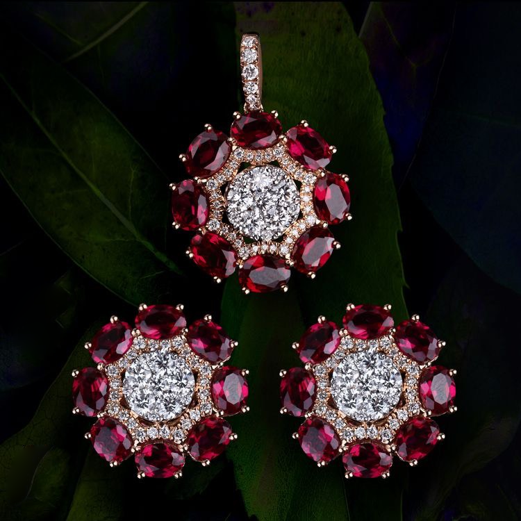 Bộ trang sức mặt dây, hoa tai kim cương - đá Garnet/ Ngọc hồng lựu BTS008
