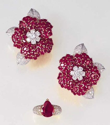 Bộ trang sức hoa tai, nhẫn kim cương - đá Garnet/ Ngọc hồng lựu BTS009