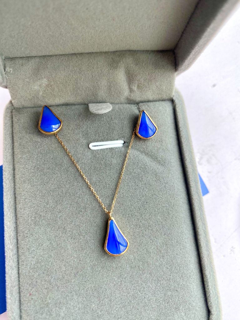 Vòng cổ dây chuyền vàng 10K mặt đá Achates màu Blue size 11x7.3x3 HRBD-014