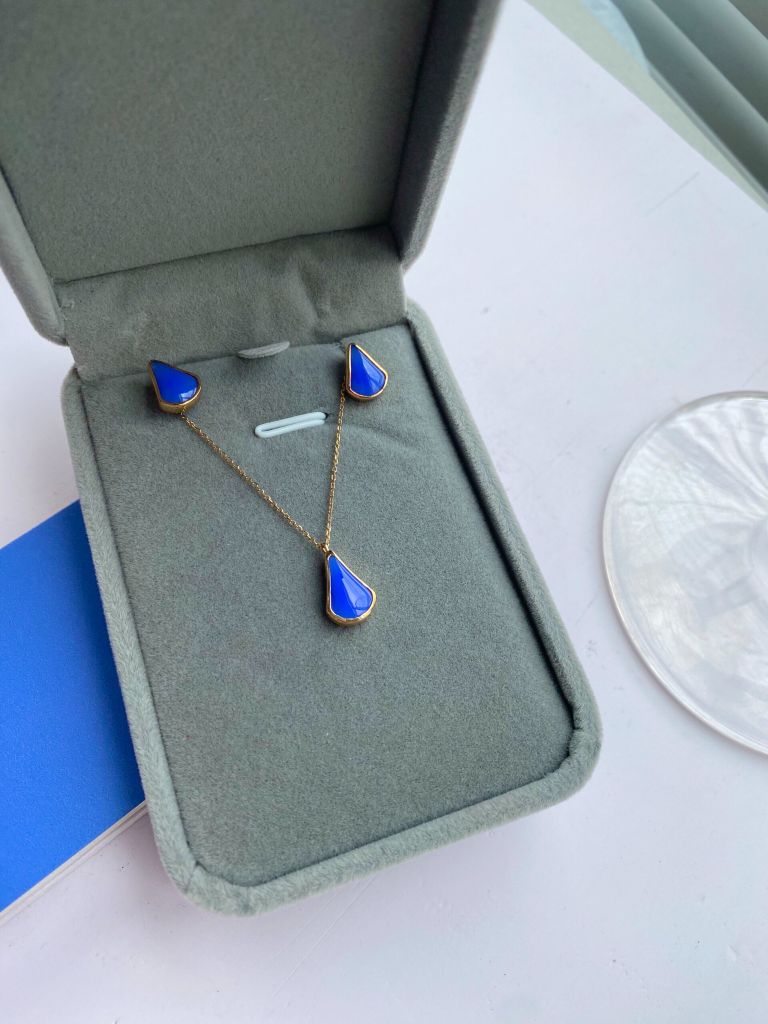 Vòng cổ dây chuyền vàng 10K mặt đá Achates màu Blue size 11x7.3x3 HRBD-014