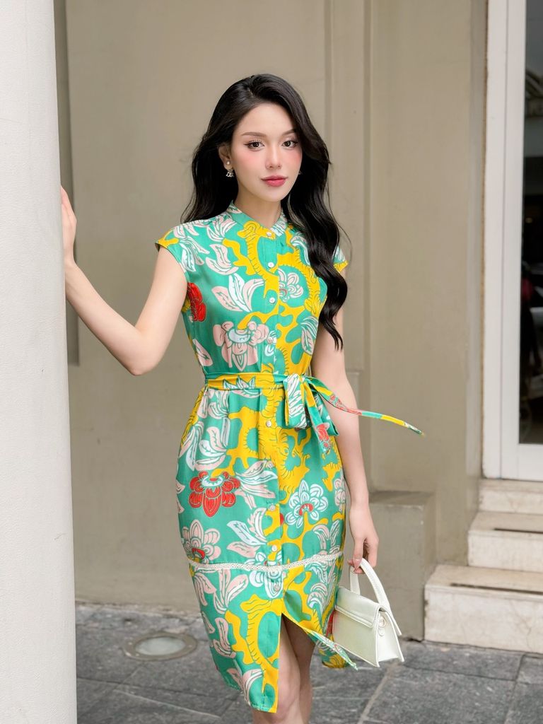 Váy lụa Vườn Thanh Xuân màu xanh vàng Stella Silk