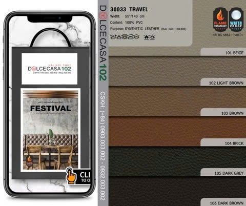  30033 vải PVC bọc nệm ghế TRAVEL 6 màu copyright 2019 