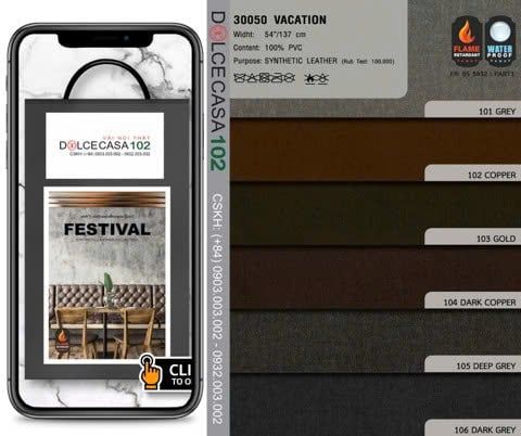  30050 vải PVC bọc nệm ghế VACATION 6 màu copyright 2021 