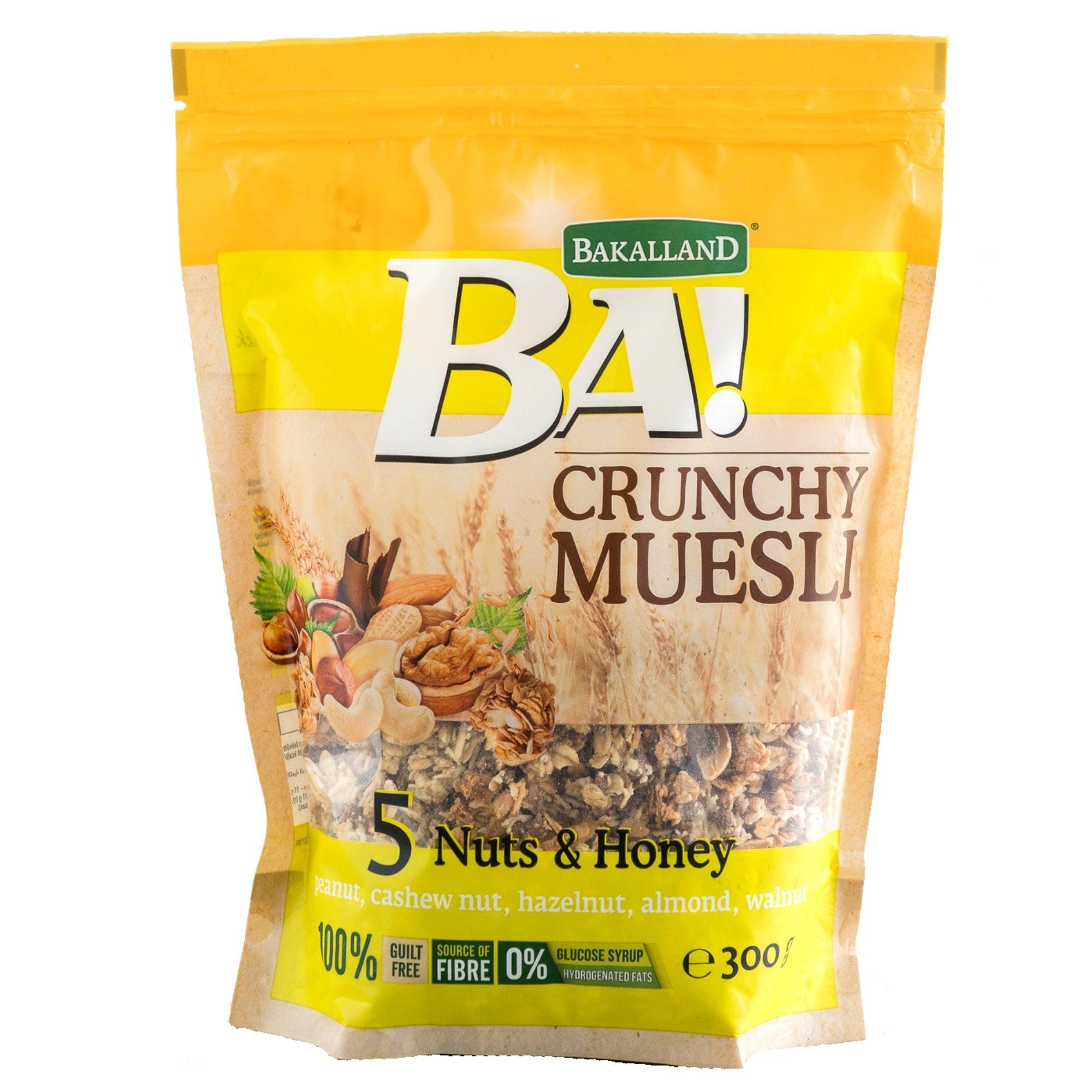  Ngũ cốc đậu phộng, hạt điều, hạt phi, hạnh nhân, hạt óc chó, mật ong Bakalland - Túi 300GR (I0000739) 