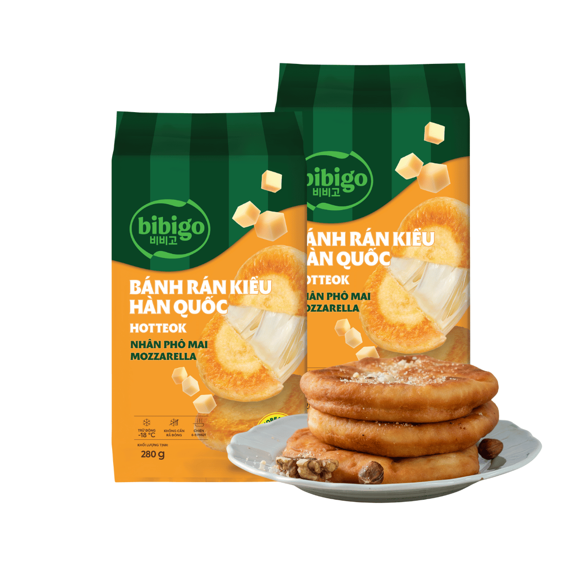 [Đông lạnh] Bánh rán kiểu Hàn Quốc hotteok nhân phô mai mozzarella Bibigo 280g 