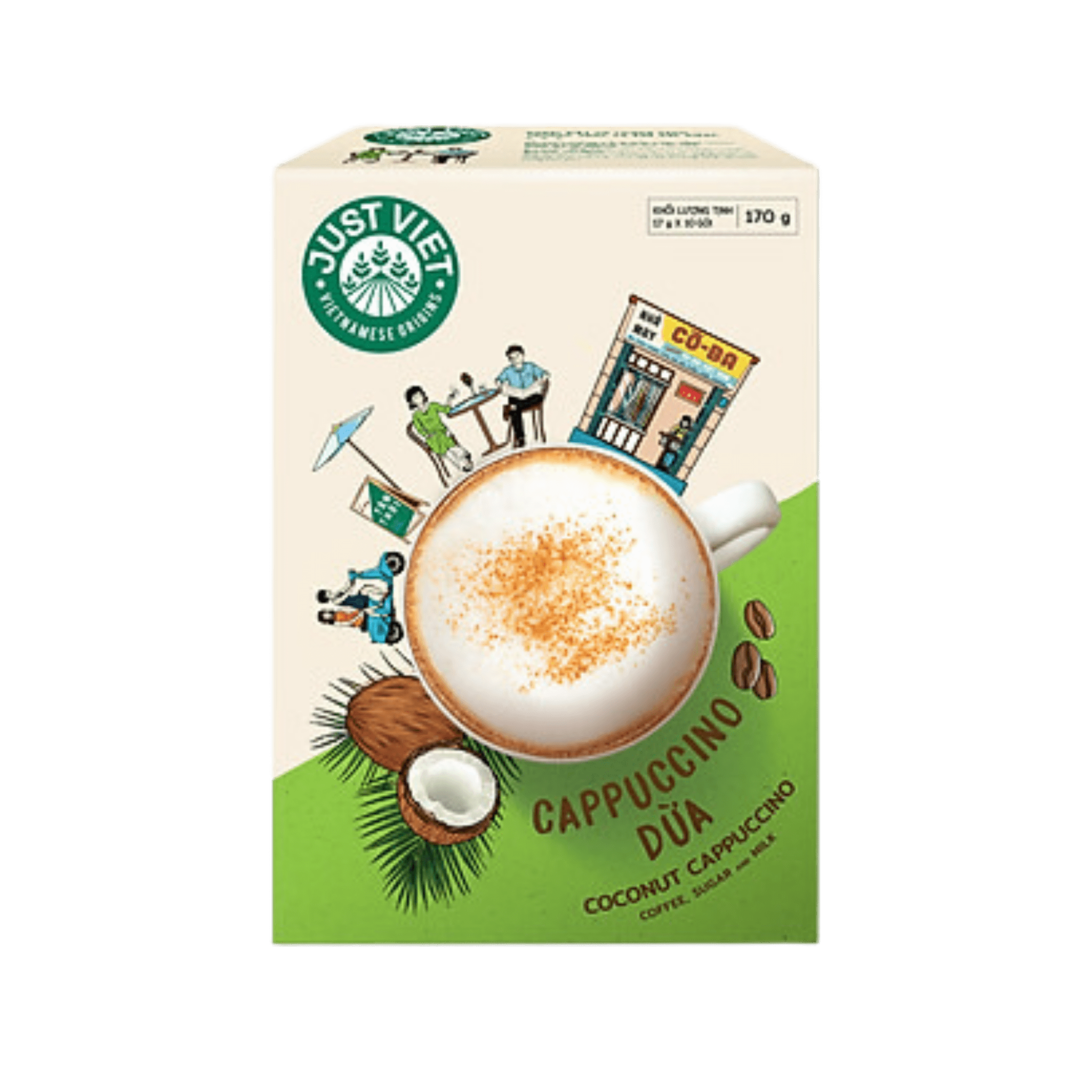  Cà Phê Cappuccino Dừa Just Việt 170g – Ngon, Hòa Tan Nhanh 