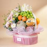  Giỏ Quà Trái Cây Và Hoa Tone Hồng Trắng Thanh Lịch 