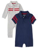 Bộ 2 romper kèm jumpsuit cotton xám xanh cổ polo thumbnail_1