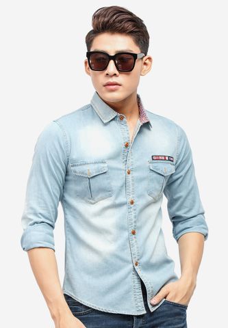 Áo sơ mi denim Titishop ADN38 xanh da trời wash bạc