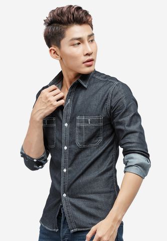 Áo sơ mi denim Titishop ADN35 màu đen tay dài