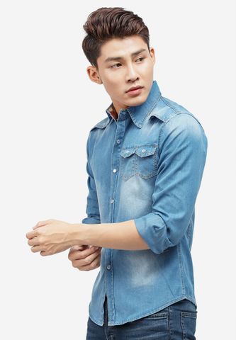 Áo sơ mi denim Titishop ADN32 xanh dương wash bạc