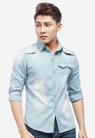 Áo sơ mi denim Titishop ADN30 xanh da trời wash bạc