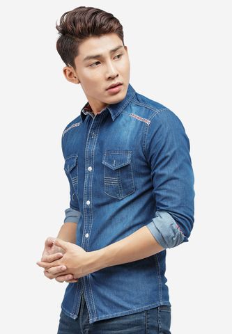 Áo sơ mi denim Titishop ADN36 tay dài phối túi nắp màu xanh dương đậm