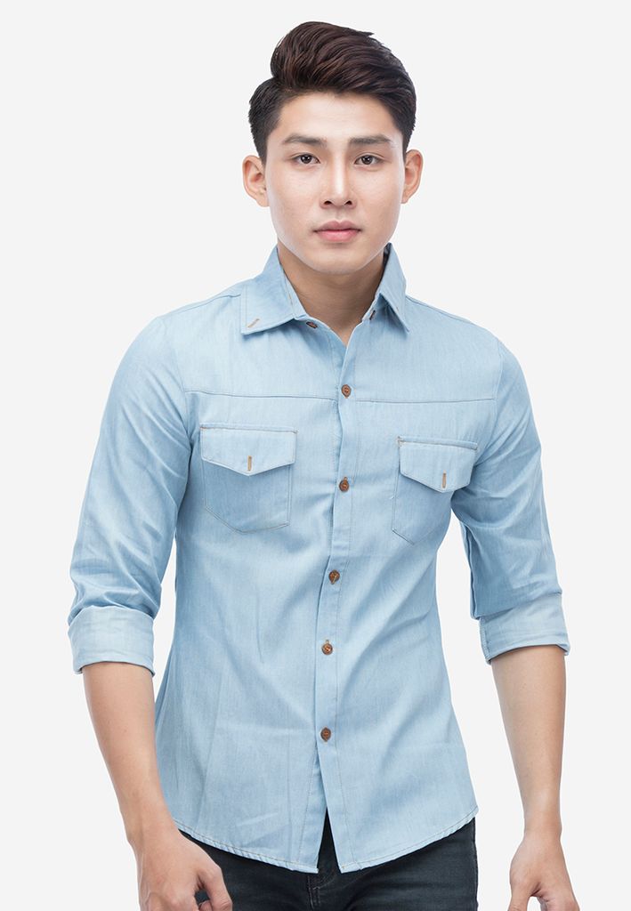 Áo sơ mi denim Titishop ADN39 tay dài phối túi nắp màu xanh