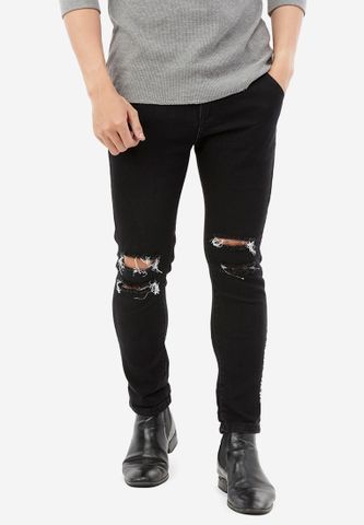 Quần Jeans Nam Titishop QJ172 màu đen rách gối phối thêu chữ