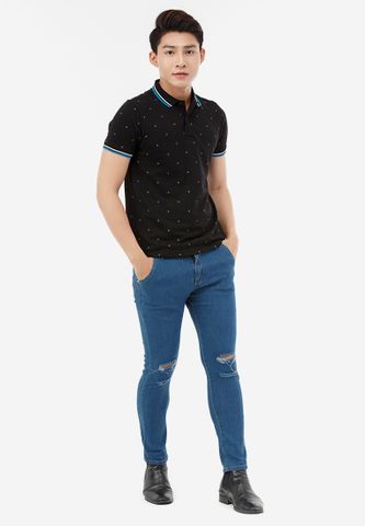 Quần Jeans Titishop QJ171 xanh dương rách gối phối thêu chữ