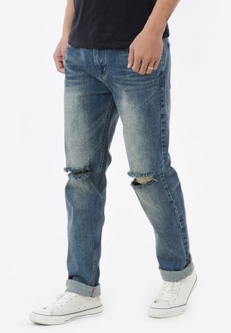 Quần jeans Titishop QJ187 rách gối màu xanh dương wash