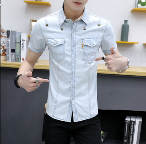 Áo sơ mi denim Titishop ADN42 tay ngắn xám