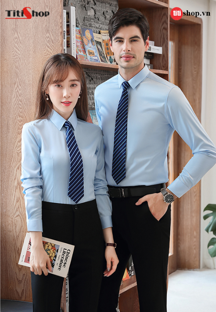 Áo Sơ Mi NAM NỮ Titishop SMN1́93 Xanh (Twill Cotton )