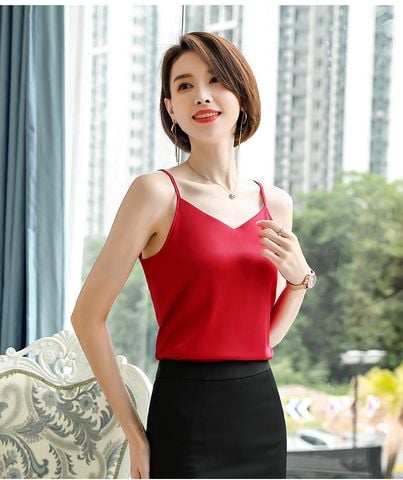 Áo lá mặc vest Titishop AOL94 Đỏ Cổ V ( Lụa )