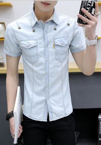 Áo sơ mi denim Titishop ADN42 tay ngắn xám