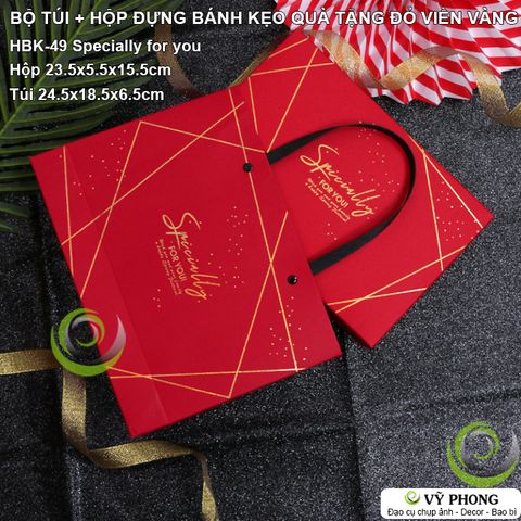  BỘ HỘP + TÚI ĐỰNG BÁNH KẸO QUÀ TẶNG MÀU ĐỎ VIỀN VÀNG CHỮ SPECIALLY FOR YOU HBK-0049 