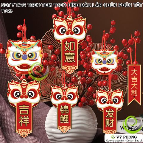  SET 7 TEM TREO TAG TREO HÌNH ĐẦU LÂN CHÚC PHÚC TẾT XUÂN DECOR TRANG TRÍ BAO BÌ HỘP QUÀ NĂM MỚI NEW YEAR TT-23 