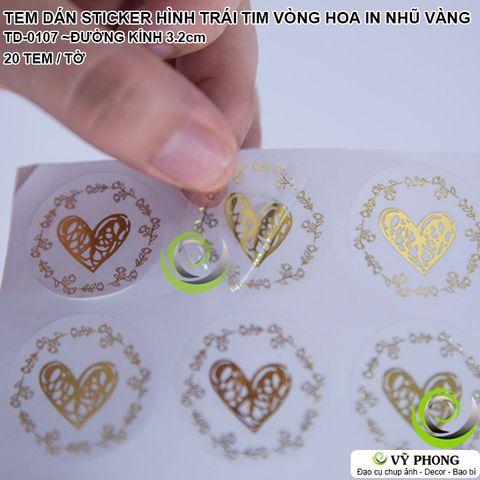  TEM DÁN STICKER NHÃN DÁN HÌNH TRÁI TIM VÒNG HOA IN NHŨ VÀNG NIÊM PHONG TRANG TRÍ DECOR BAO BÌ HỘP CHAI TD-0107 