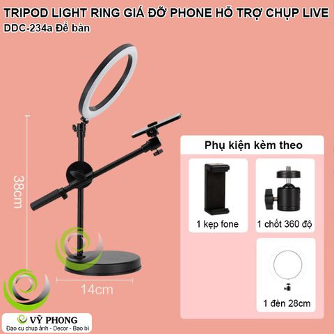  TRIPOD CHÂN ĐẾ GẮN ĐIỆN THOAI CHỈNH GÓC TÙY Ý 360 ĐỘ CHỤP ẢNH GÓC THẲNG ĐỨNG CÓ ĐÈN VIỀN TRÒN SÁNG 3 MÀU DDC-234 