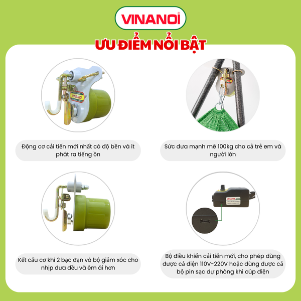 Máy đưa võng tự động cho bé VINANOI AS100 thế hệ mới đưa êm ít ồn, dùng điện 110V-220V