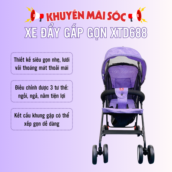 Xe đẩy cho bé cao cấp XD688 - Xe đẩy kéo du lịch gấp gọn siêu nhẹ, siêu thoáng, siêu bền lưới chống tia UV