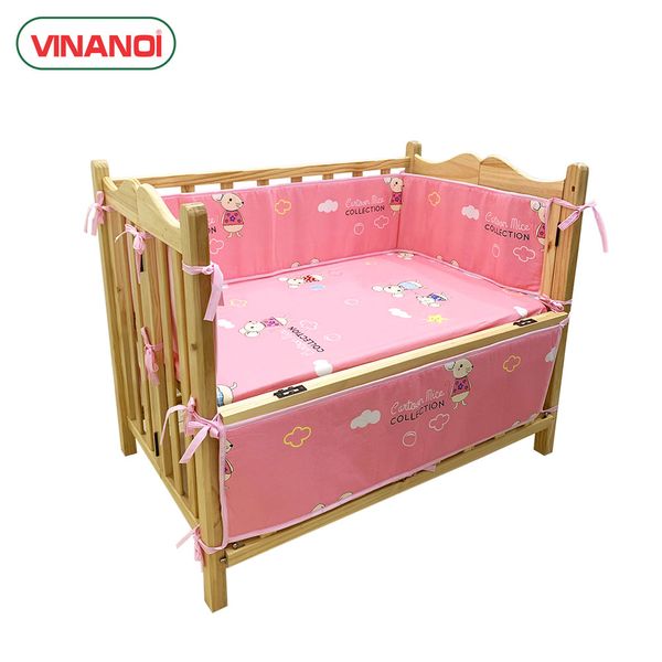 Bộ vây nệm mùng cotton Hàn Quốc cao cấp dành cho nôi gỗ VNN301