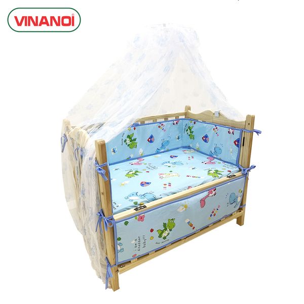 Bộ vây nệm mùng cotton Hàn Quốc cao cấp dành cho nôi gỗ VNN301